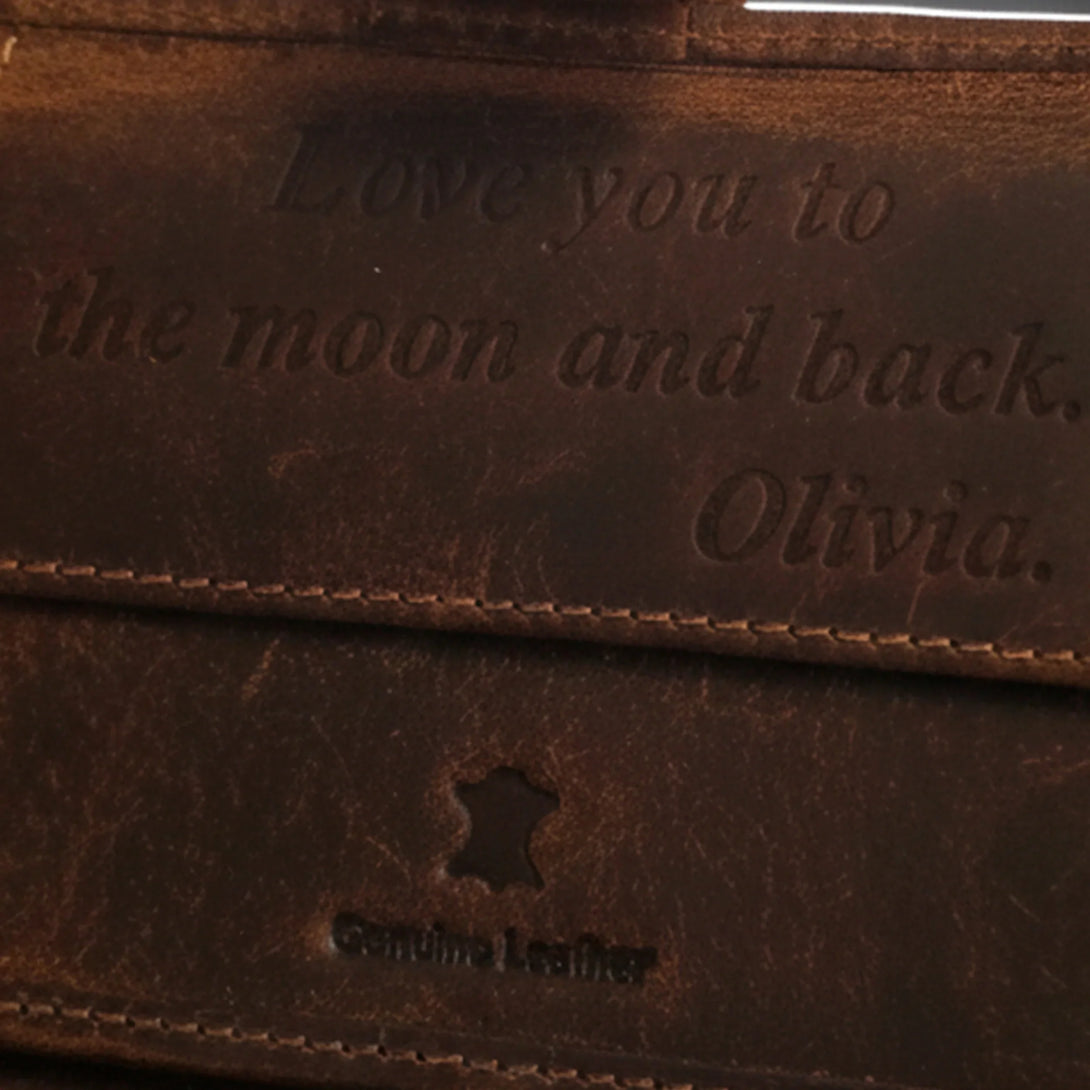 Personalized brown leather wallet with engraved message and name Olivia, genuine leather gift for men