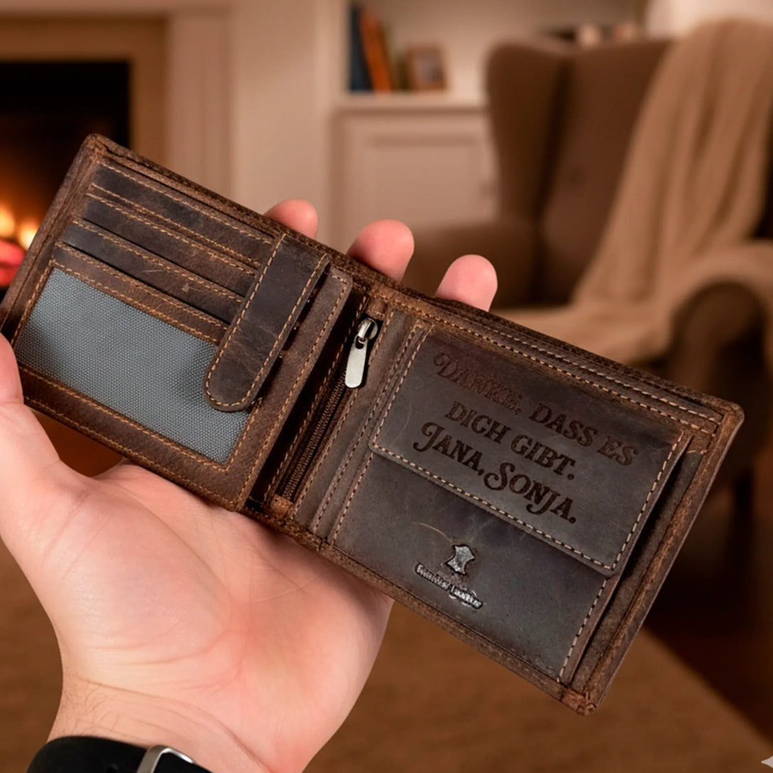 Personalized leather wallet held in hand showing engraved message, ideal gift for men