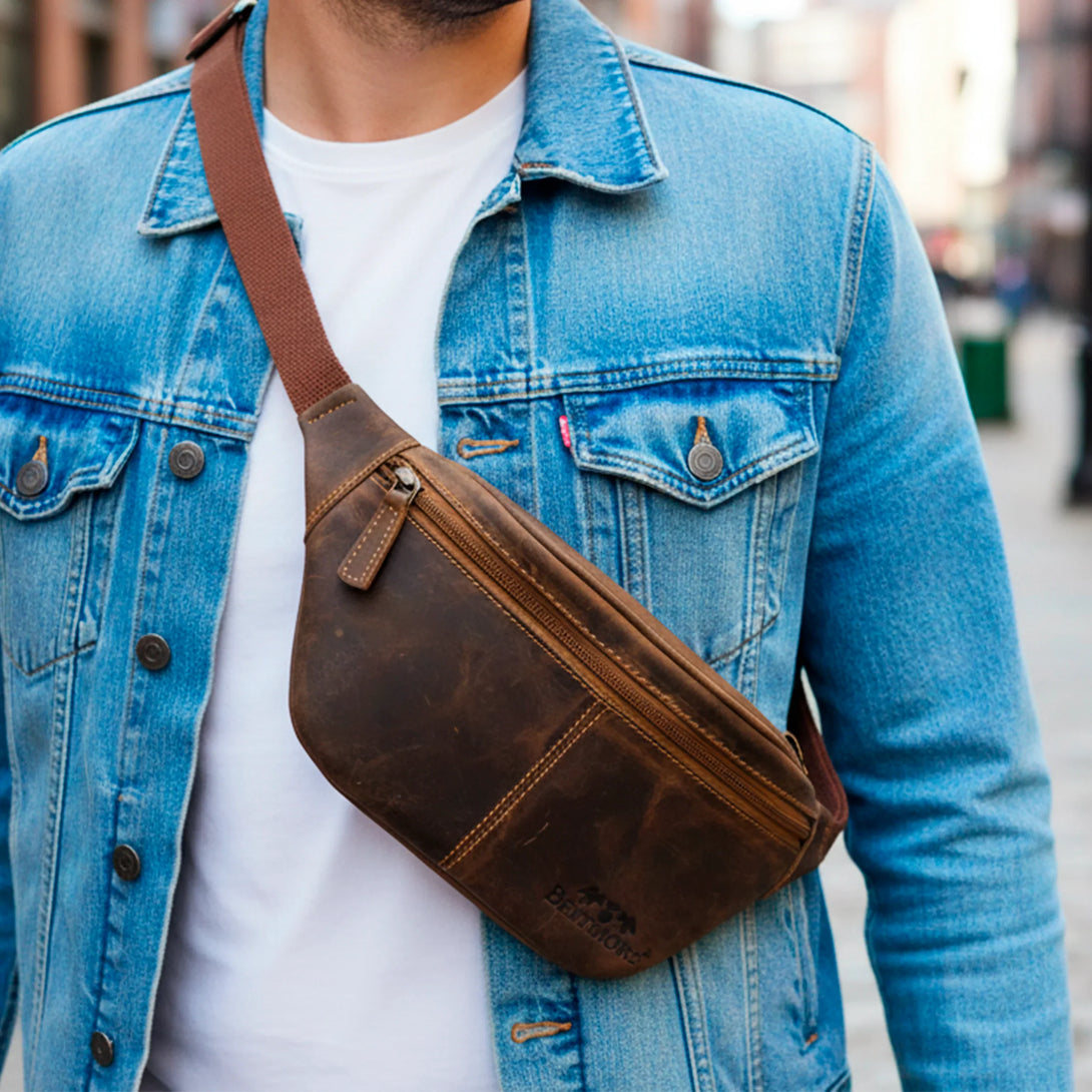 Personalized brown leather waist bag worn by man in denim jacket and white t-shirt