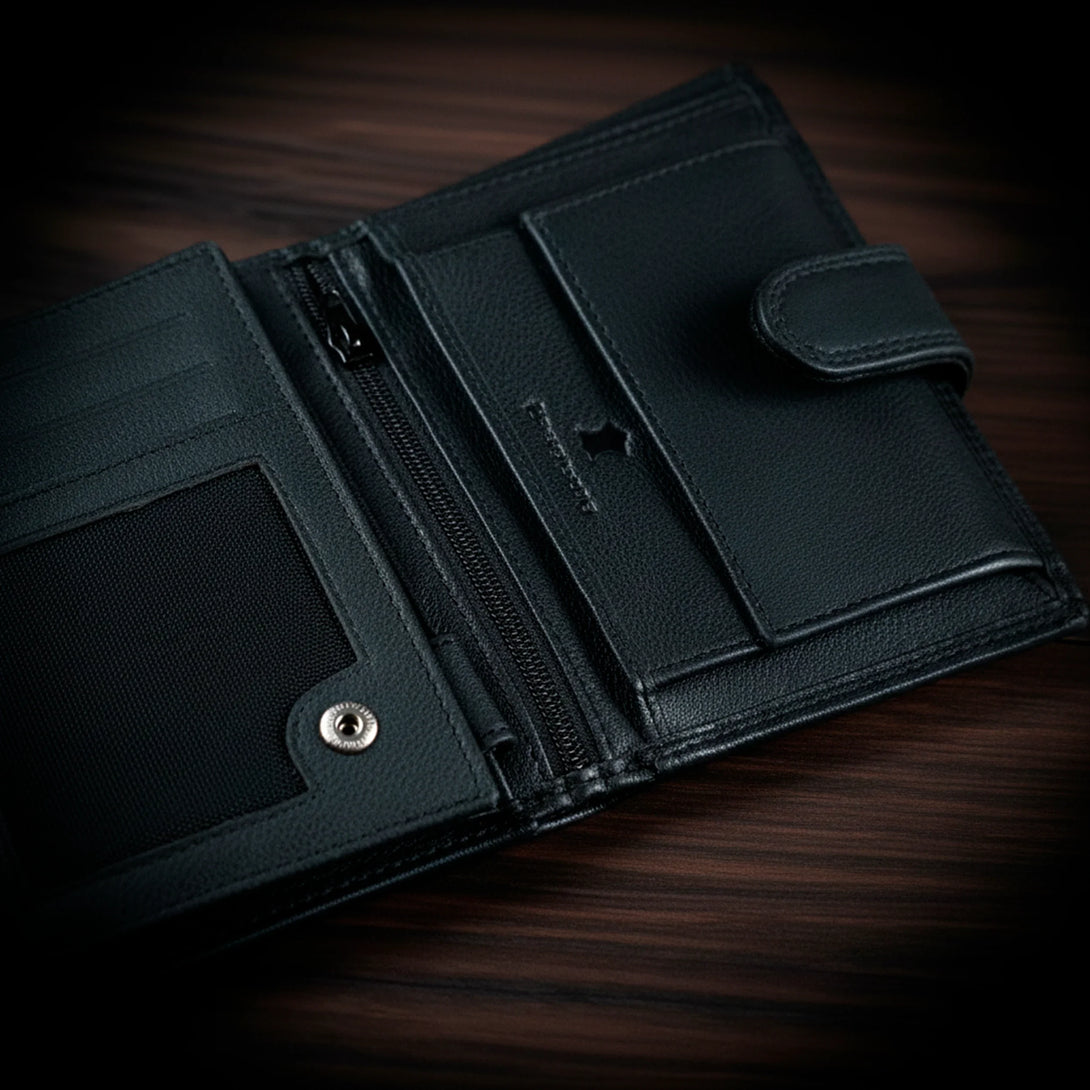 Personalized black leather wallet gift for men with multiple card slots and zipper pocket