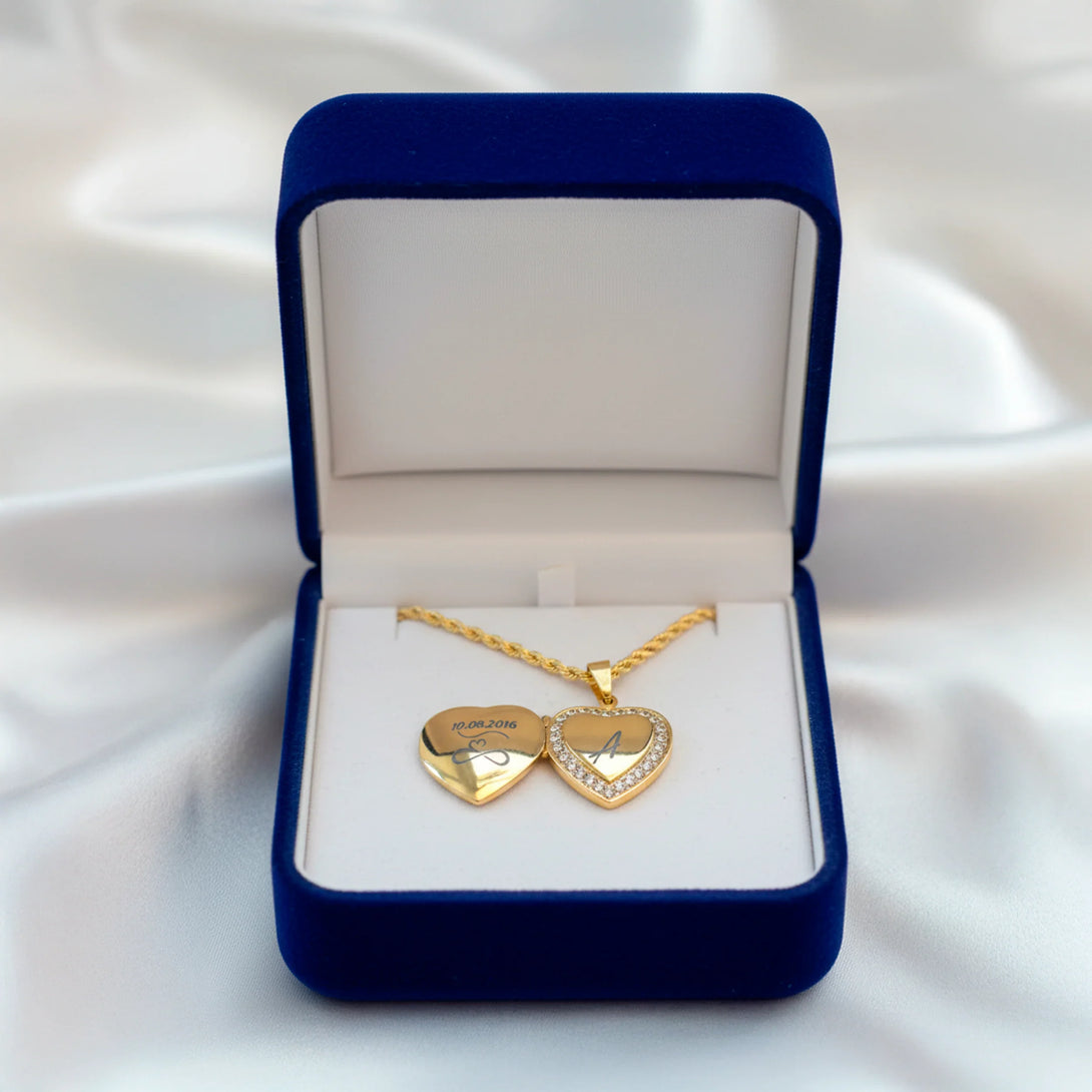 Personalized gold heart pendant necklace with engraved date and initial in blue velvet gift box