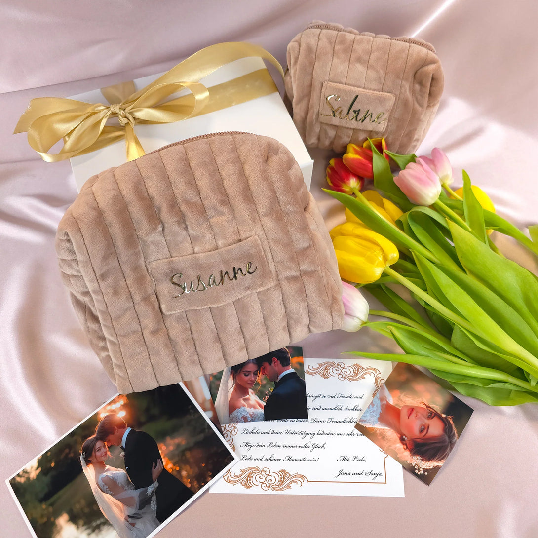 Personalized leather wallet and belt gift set for men with beige soft fabric and gold text