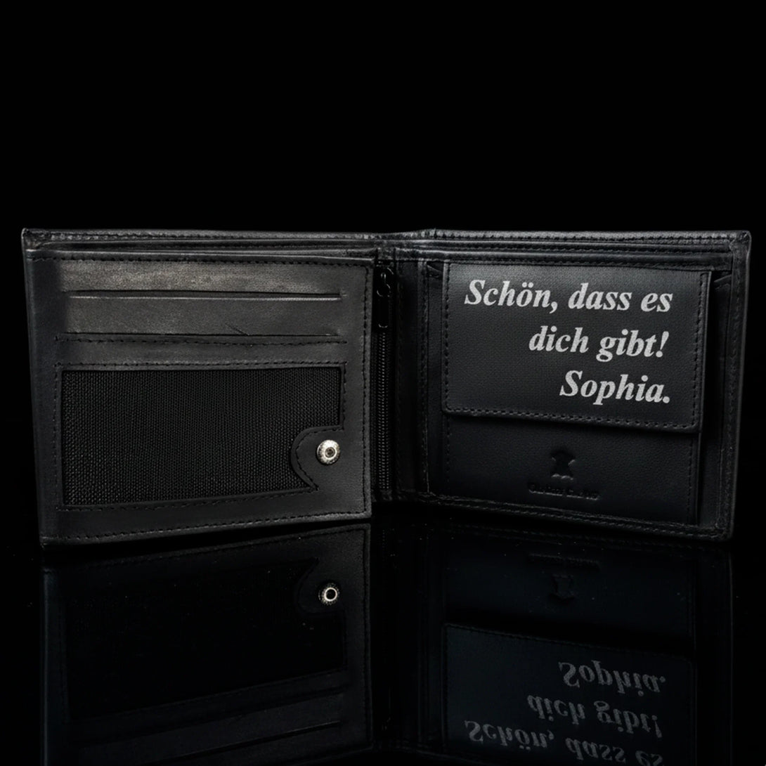 Personalized black leather wallet for men with custom German text inside, ideal gift
