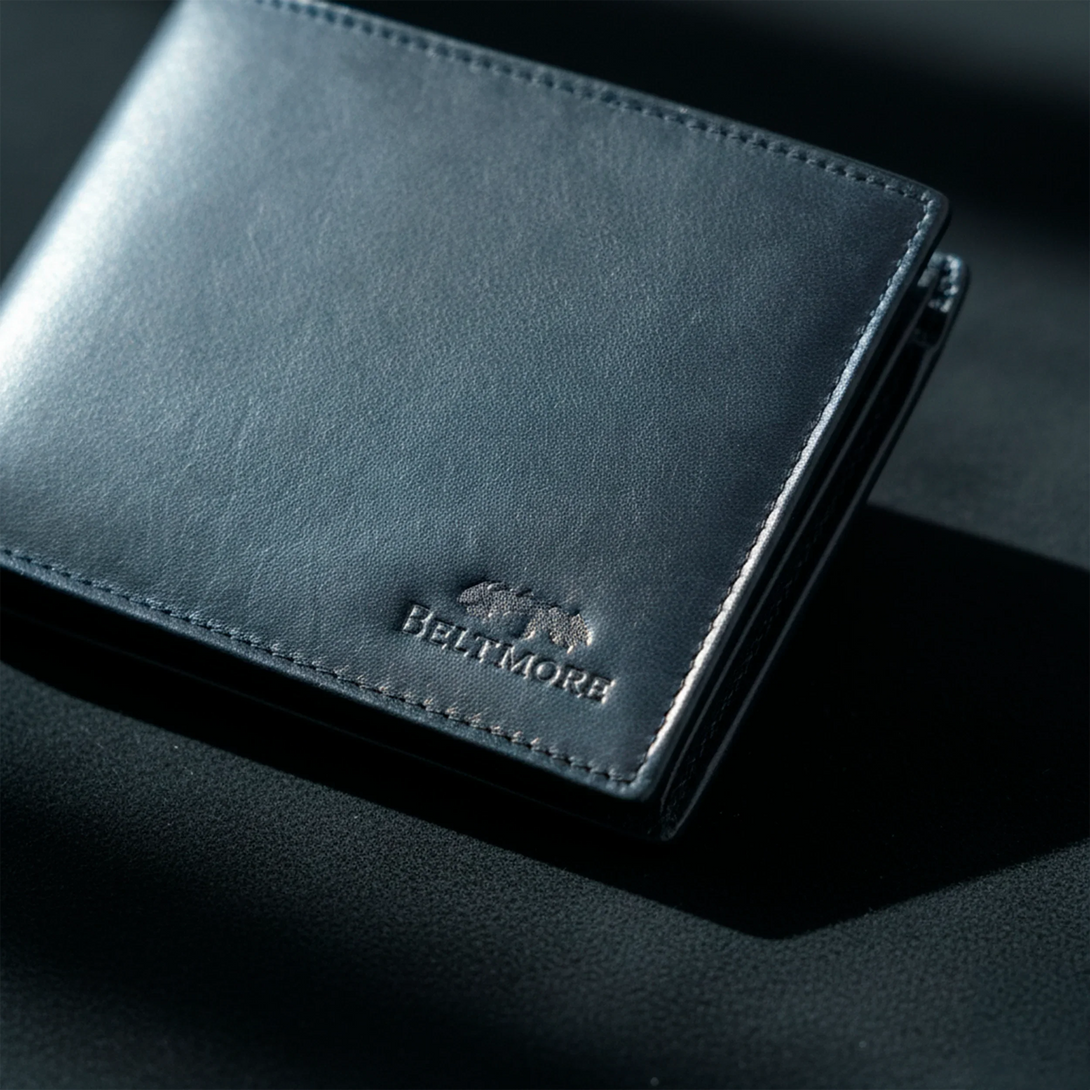 Personalized leather wallet embossed with Beltimore logo, ideal gift for men