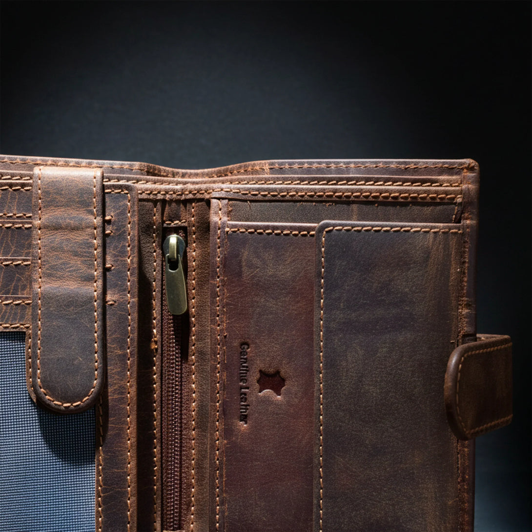 Personalized leather wallet for men with stitched design and zipper pocket, genuine leather gift