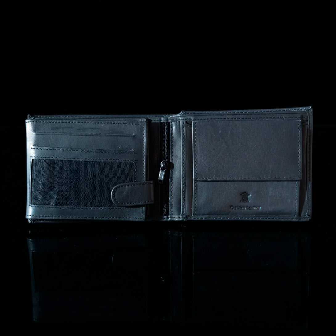 Personalized black leather wallet with multiple compartments, ideal gift for men