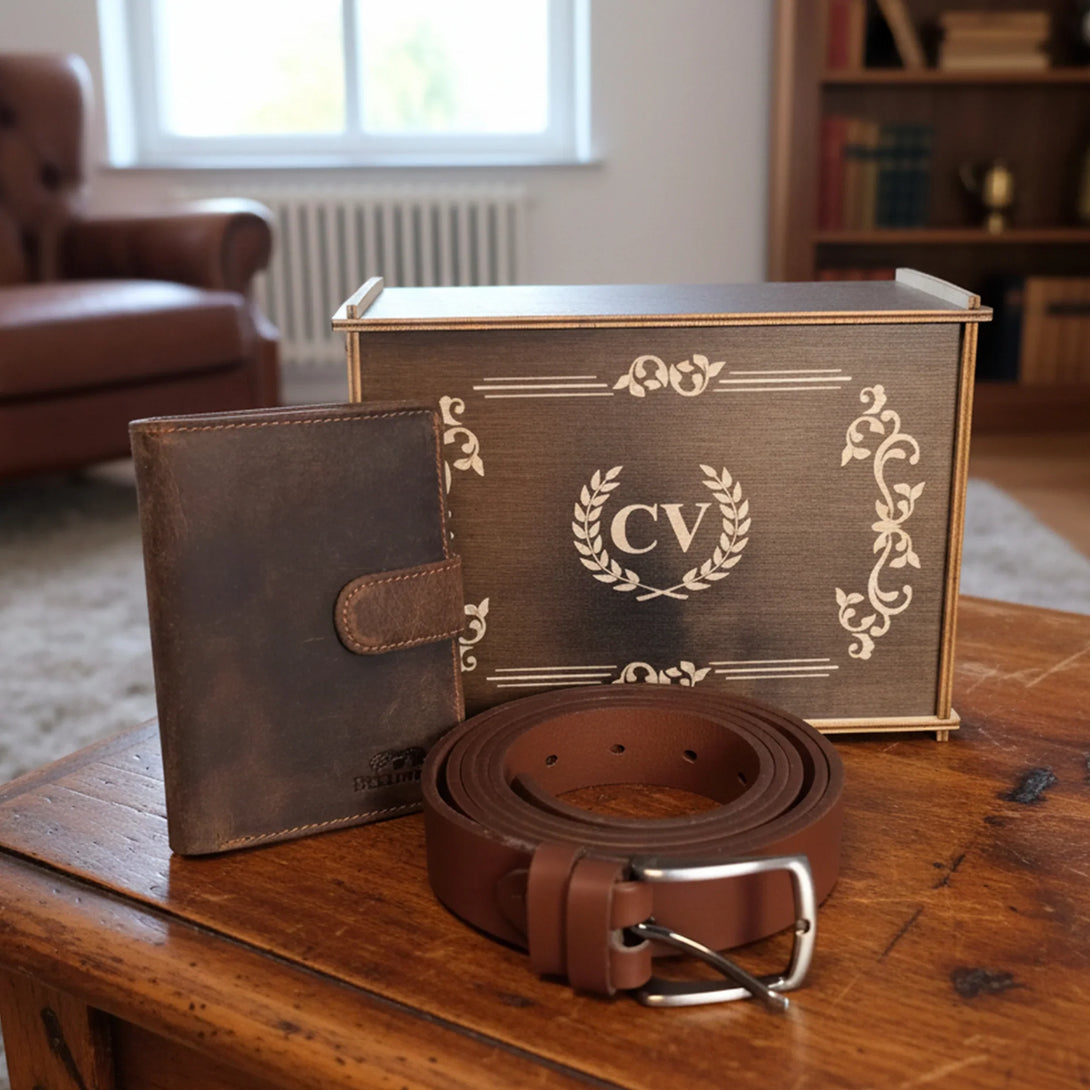 Personalized leather wallet and brown belt gift set for men on wooden table
