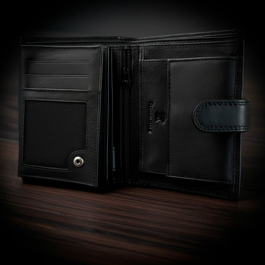 Personalized black leather wallet with multiple compartments, ideal gift for men