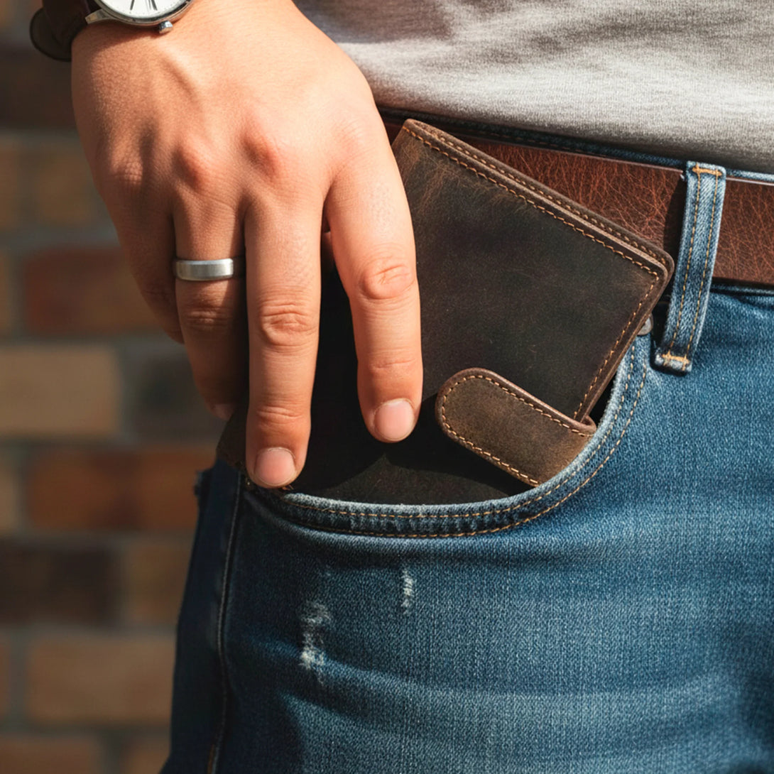 Personalized brown leather wallet in hand with blue jeans and brown leather belt for men gift