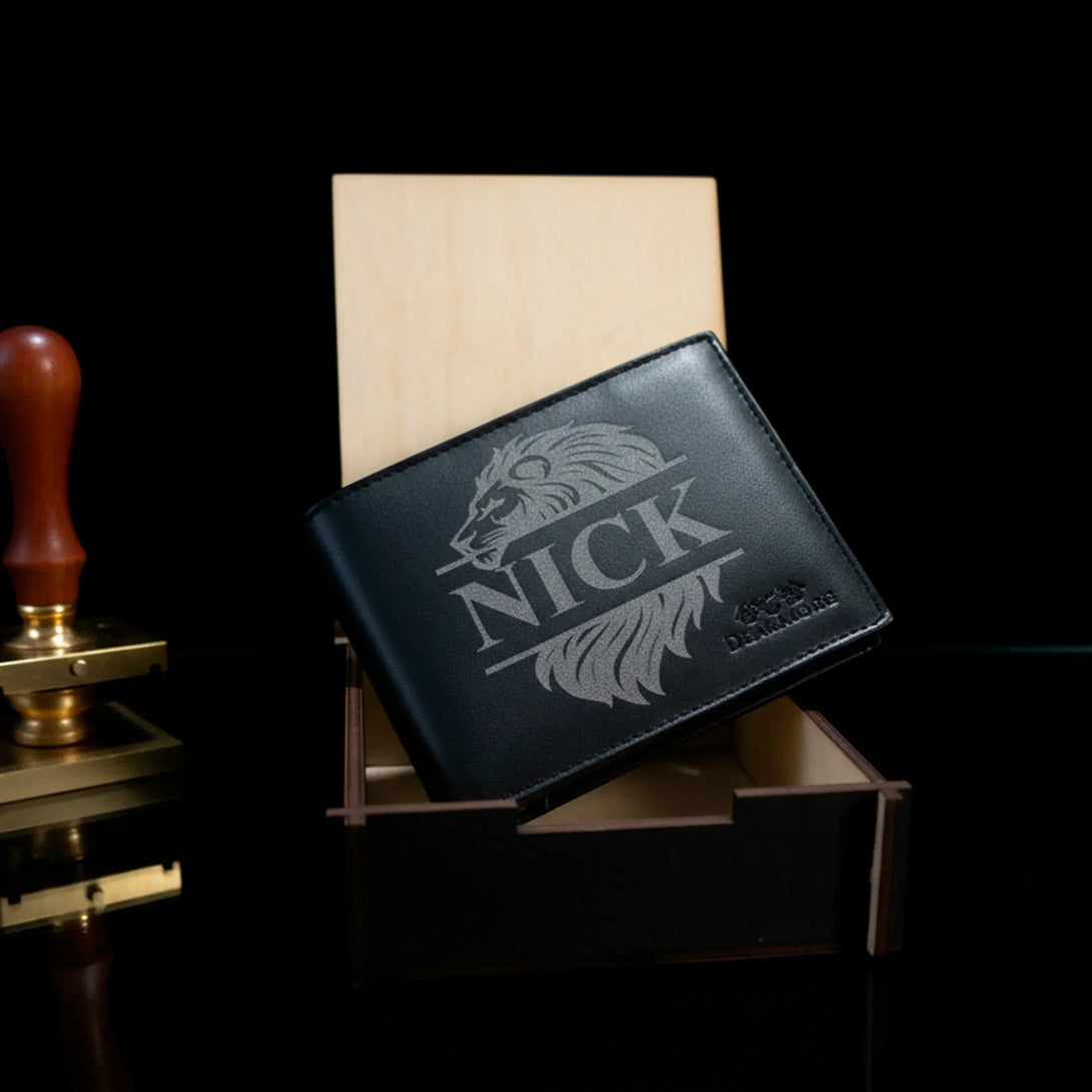 Personalized black leather wallet for men with lion design and name Nick in wooden gift box